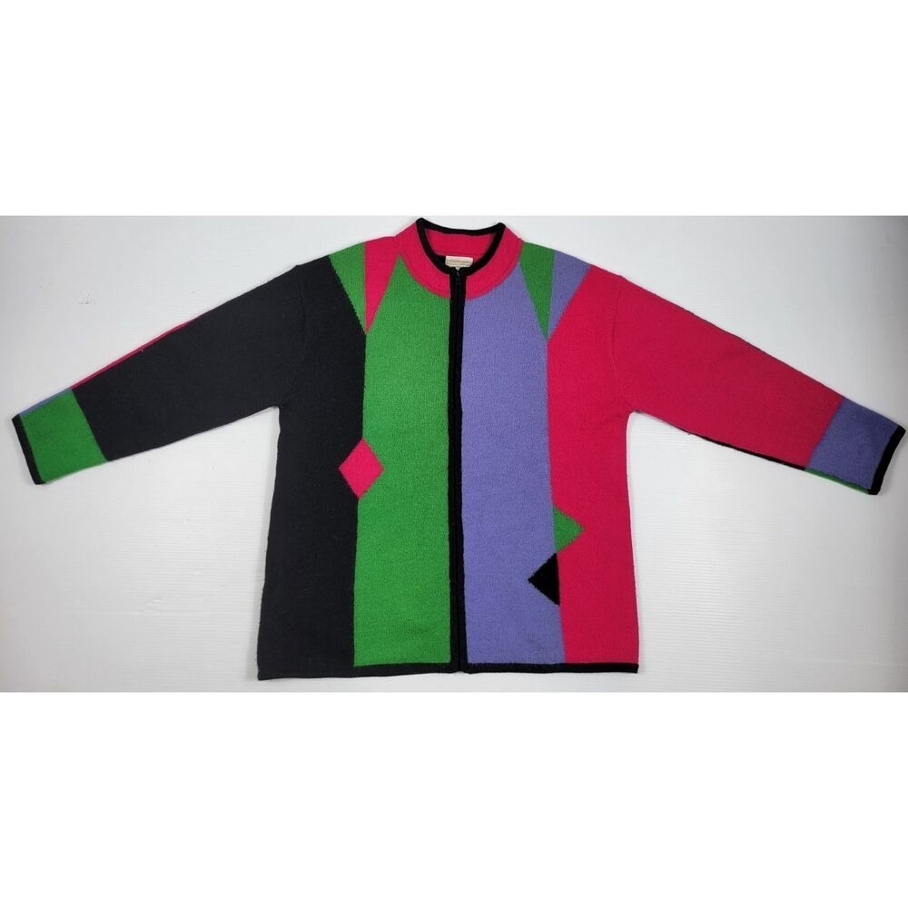 Coldwater Creek Wool Colorblock Geometric Retro Womens‎ Large Cardigan Sweater